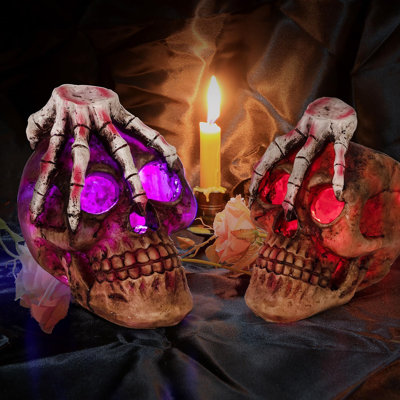 2PK Solar Halloween Decorative Lights Skeleton Skull Human Skeleton Head Skull Model For Halloween Garden Yard Lawn Outdoor Decoration (Hand)