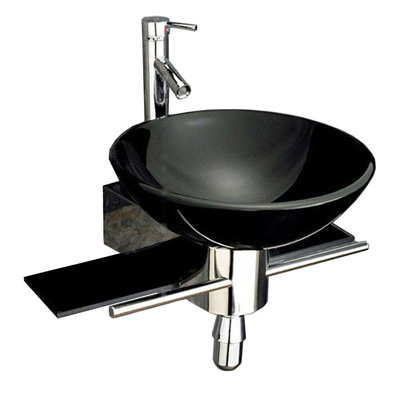 Lv-002B,Modern Wall Mount Small Pedestal Bathroom Vanity Black Glass Vessel Sink Combo