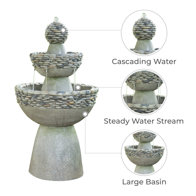 36.5" Outdoor 3-Tier Pedestal Water Fountain with Built-In Pump, Weather-Resistant Stone-Look Design for Garden or Patio