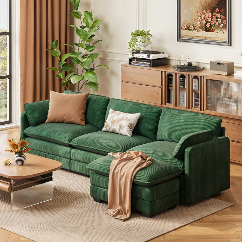 3-Seat Corduroy Sofa Sleeper, Sectional Sofa Comfy Cloud Couch with Movable Ottoman & Arm Pillows for Living Room, Green 
