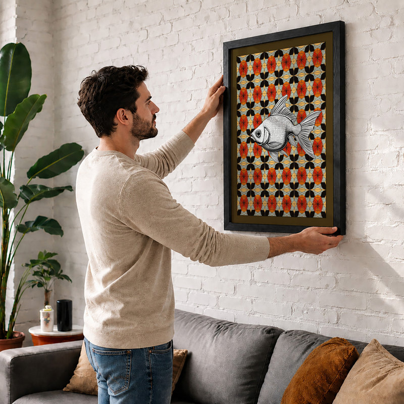 Fish in Ornament Eclectic - Framed Print, Black, A4 - 29.7 x 21.0 cm