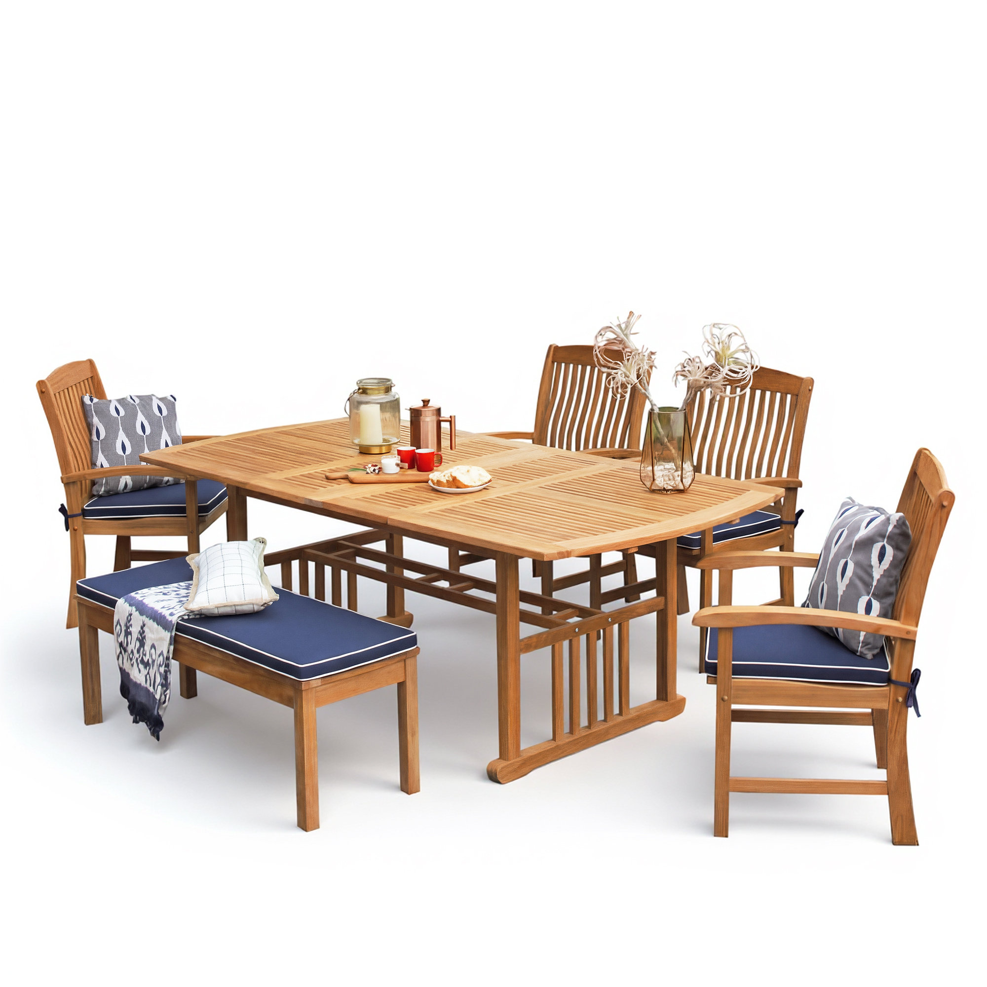Narelle 84.5'' Rectangular 6 - Person Outdoor Dining Set with Cushions, Navy White Piping