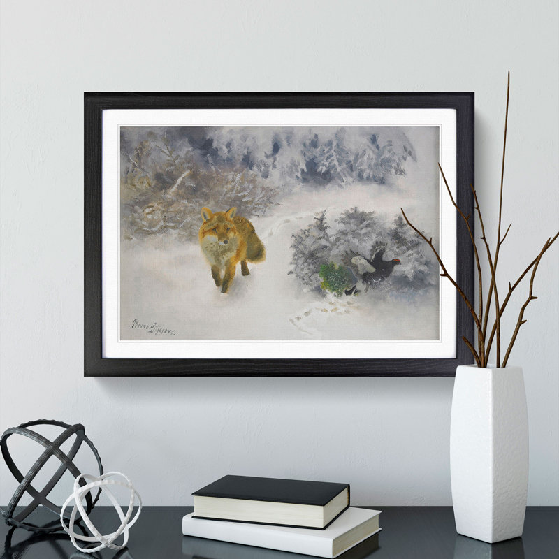Fox and Black Grouse Cock by Bruno Liljefors - Picture Frame Painting, 27cm H x 36cm W x 2cm D, Black Framed