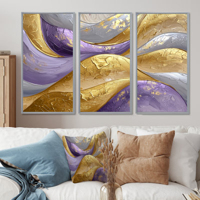 Abstrait doré lavande fractale vagues II - art mural vagues - ensemble de 3