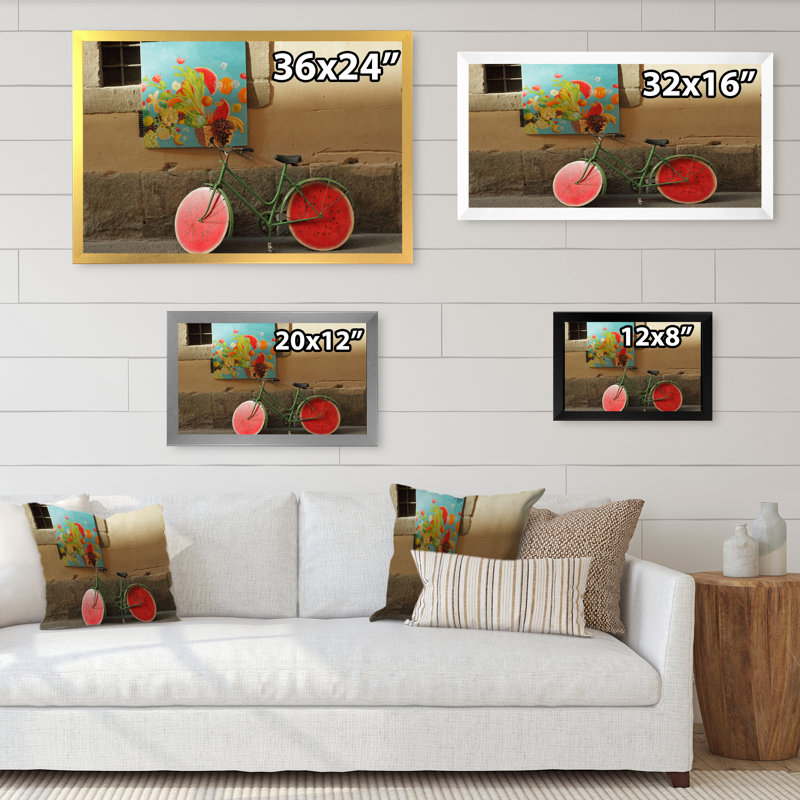 Retro Watermelon Bicycle - reproduction de cadre flottant sur toile, H 24 po x l 36 po x P 1 po, Cadre photo argenté