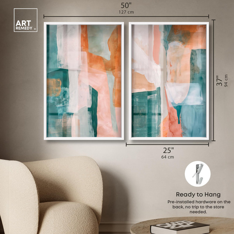 «Citrus Wave Duet Shadowbox», ensemble d'art mural abstrait par Art Remedy, cadre blanc, 24 x 36, H 37 po x l 25 po