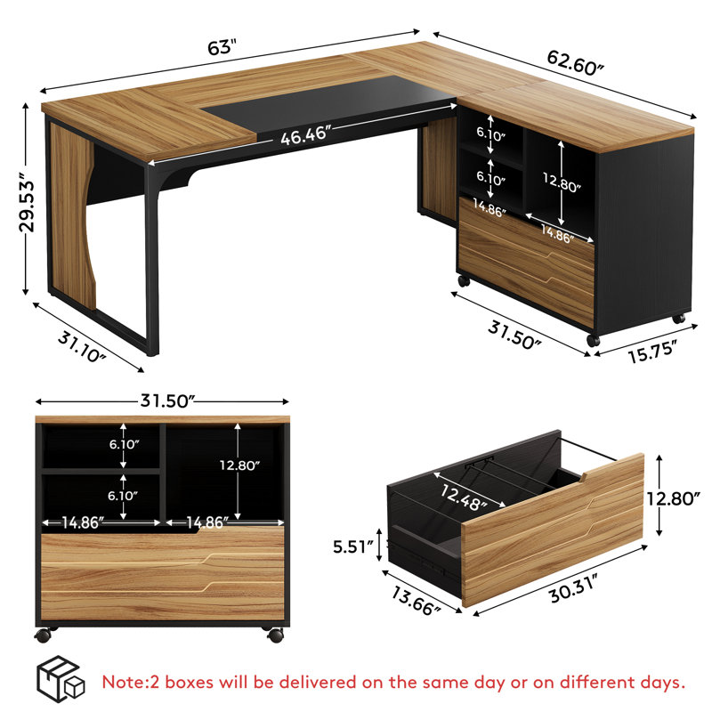 63''W L-Shaped Executive Computer Desk With Mobile Filing Cabinet, Brown and Black