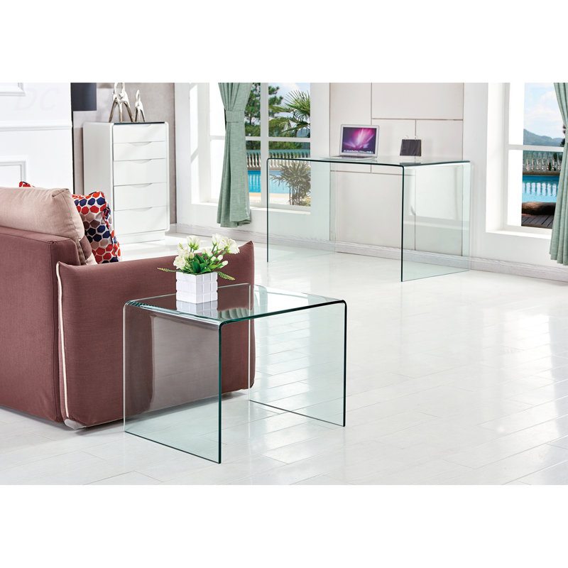 Transparent End Table,Tempered Clear Bent Glass Sidetable, Table