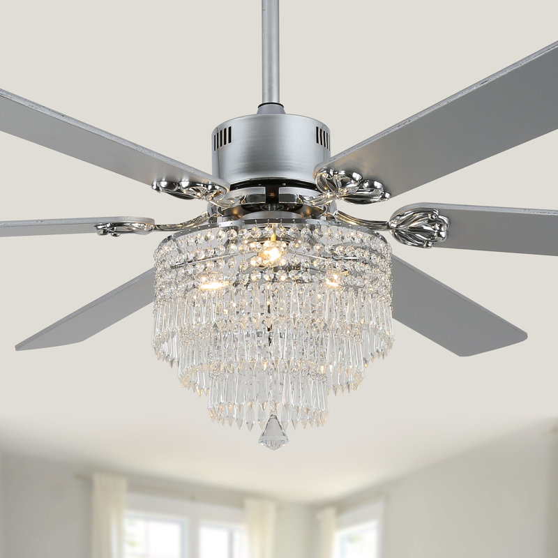 65 Inch Modern Crystal Ceiling Fan with Light and Remote, 6-Speed Quiet DC Motor, Timer for Large Living Room, Bedroom