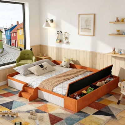 Velvet Upholstered Daybed with Stairs, Gas Lift Storage Ottoman