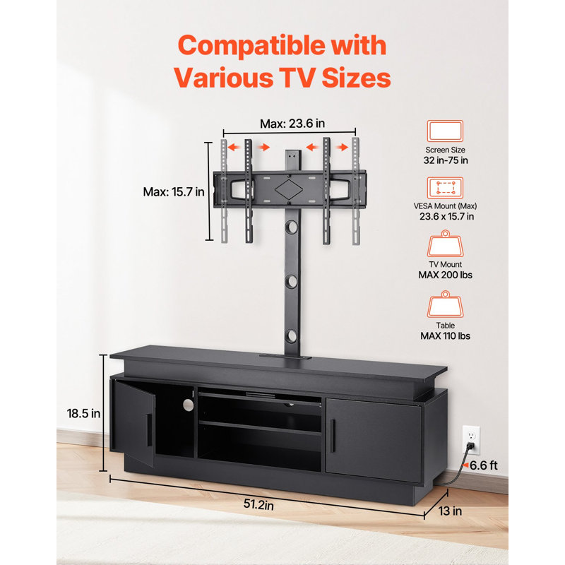 Meuble télé 52 po avec support pour téléviseurs de 75 po ou moins, centre de divertissement avec prise de courant et lumières DEL, console de téléviseur à hauteur réglable avec support avec armoires de rangement à 3 niveaux pour la chambre à coucher et le salon