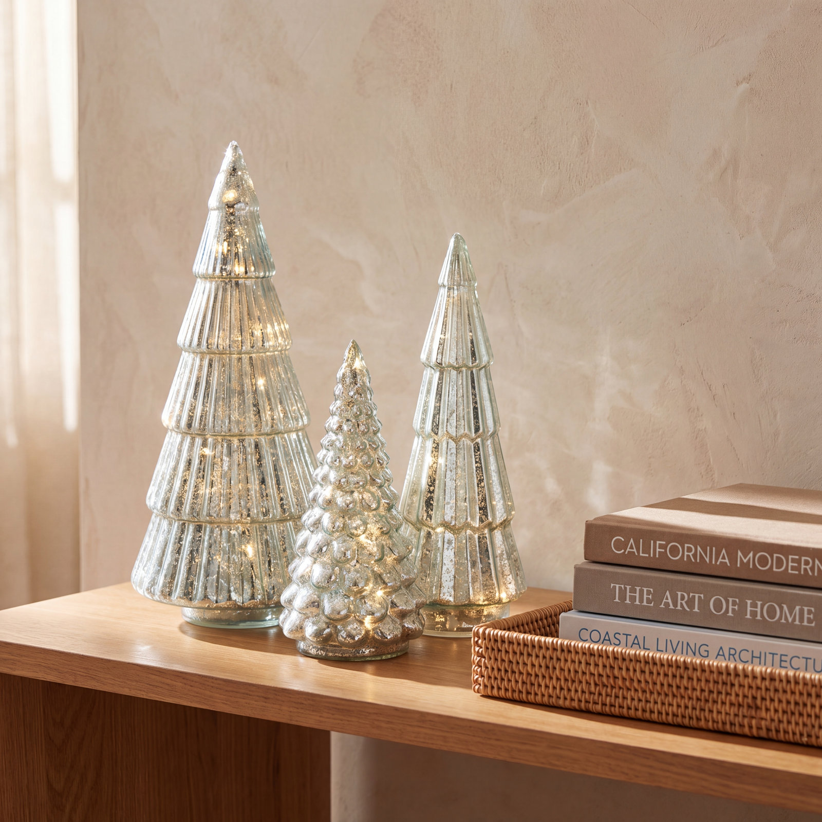 3-Piece Lighted Green Mercury Glass Tree Set
