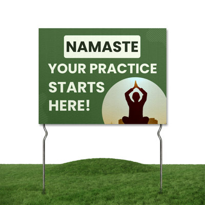 Équilibre et harmonie vous attendent! Yard Sign by DC | Enseigne de jardin de yoga à double face 24 po x 18 po avec piquets en métal 13 po | Panneaux d'extérieur imperméables pour la pelouse, le patio, le trottoir et la maison | Ensemble de 1 | Fabri