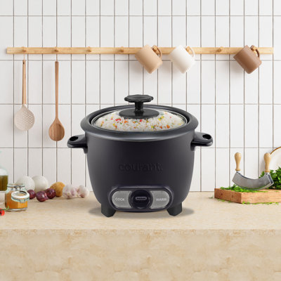 Courant 6 Cup Rice Cooker (Cooked)/3 Cups (Uncooked), Automatic Keep Warm, Glass lid with Built-In Lid Holder, Removable Non- stick Bowl, Includes Measuring Cup & Spoon