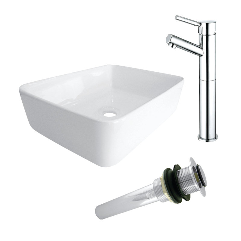 Lavabo de salle de bain vasque carré en céramique blanche avec robinet Perfection, Chrome poli