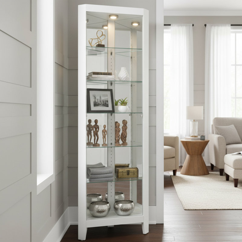 Tamsin Solid Wood Lighted Curio Cabinet, Gloss White