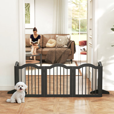 Dog Gate 5 Wood Panel Freestanding Pet Fence Folding Safety Barrier