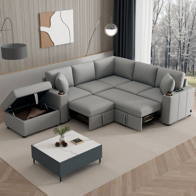 Canapé modulaire convertible 84,7 po avec repose-pieds, Gris chenille