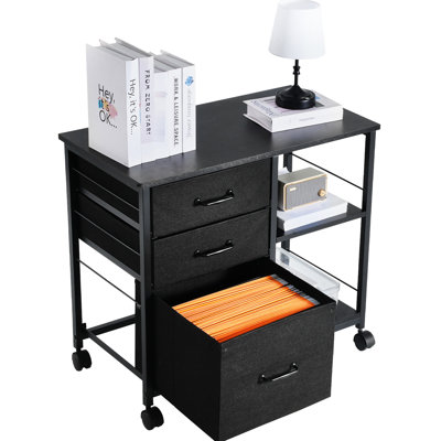 Classeur mobile en métal avec 3 tiroirs non tissés et 2 tablettes ouvertes en noir, grand espace de rangement pour les petits articles de bureau, roulettes verrouillables en tissu noir, classeurs, livres haute résistance