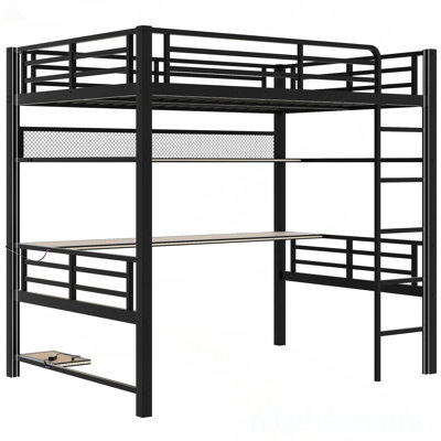 Full Size Metal Loft Bed Frame With Storage Shelf And LED Light