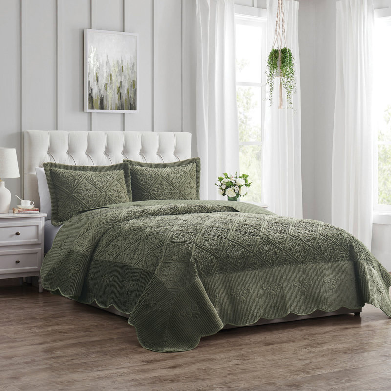 Ensemble de couvre-lit matelassé moelleux Westland, Couvre-lit de très grande taille et 2 taies déco, Olive Moss