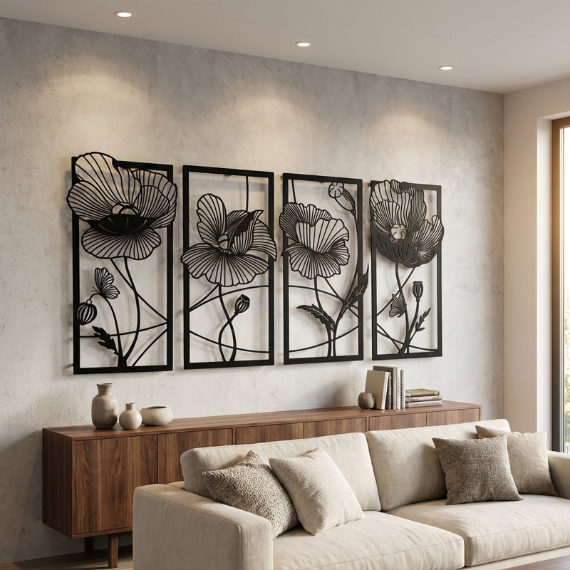 Blossom Metal Wall Art Set - 4 Piece, Black, 18" H x 37" W x 1" D