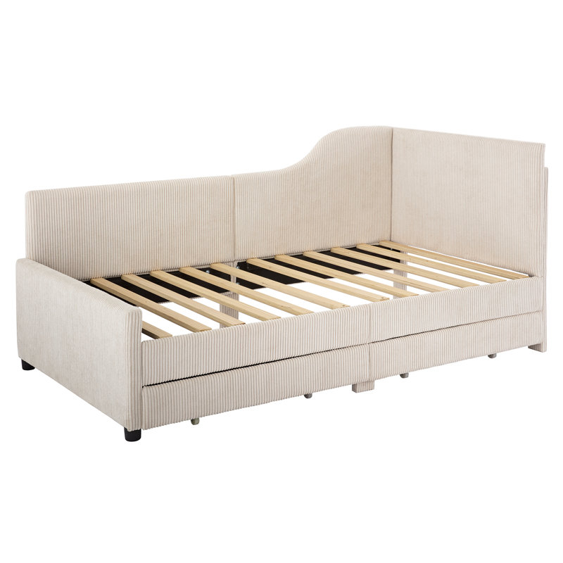 Twin Size L-Shaped Corduroy Daybed, Upholstered Platform Bed Frame with 2 Built-In Storage Drawers for a Cozy and Practical Design,