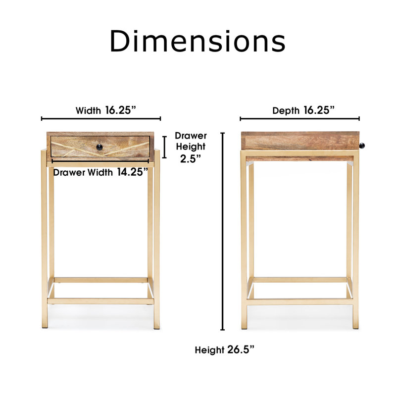 Sidney Beige Mango Wood and Gold Metal Storage Side Table