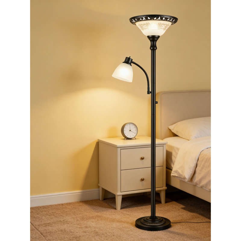 Lampe sur pied victorienne avec lampe de lecture réglable, lampe torchère sur pied 71 po avec abat-jour en verre gravé à l'eau-forte et base lourde, ampoule à DEL 3CCT incluse pour le salon, la chambre à coucher ou le bureau