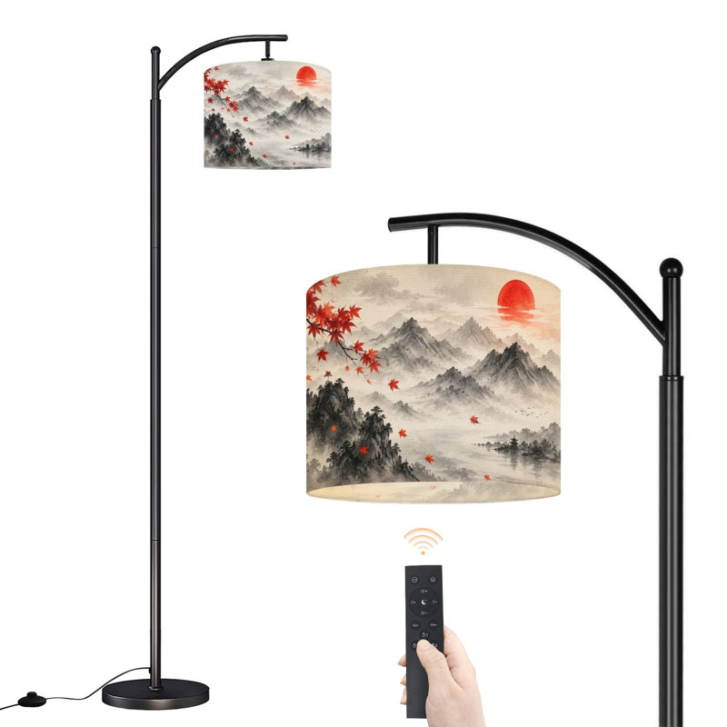  Lampe sur pied Arc, encre de Chine traditionnelle, feuilles d'érable rouges, paysage de montagne, grande lampe sur pied moderne, abat-jour en lin réglable, 3 températures de couleur
