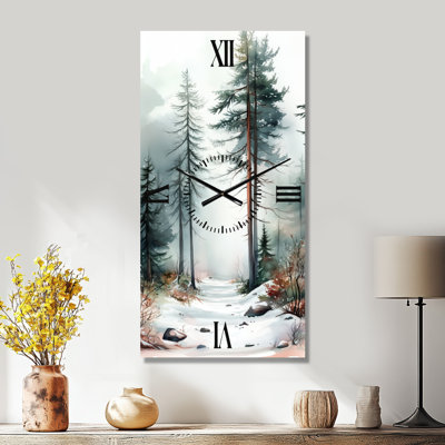 Snowy Pine Tree Forest Path I - Cabin Metal Wall Clock