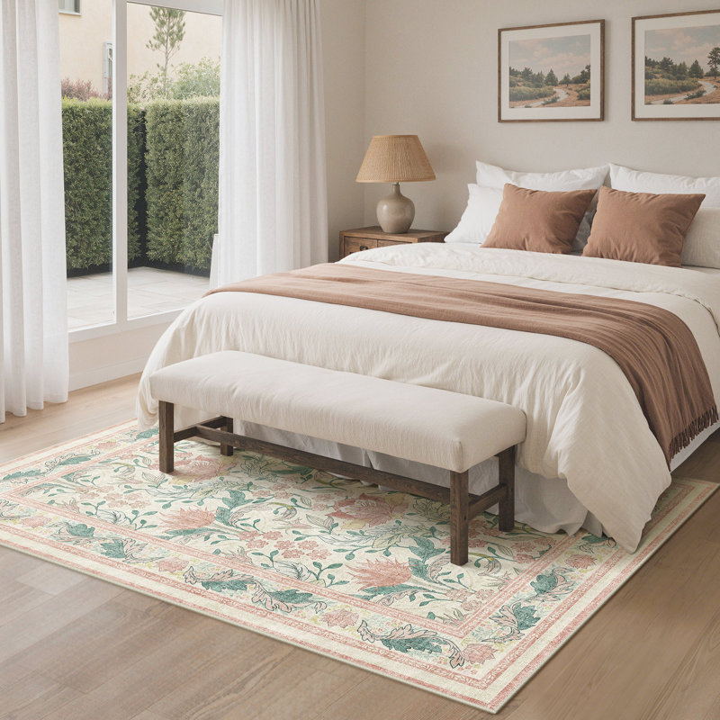Bloom Floral Green/Beige Non-Slip Machine-Washable Area Rug, Beige/Green, Runner 2'6" x 8'