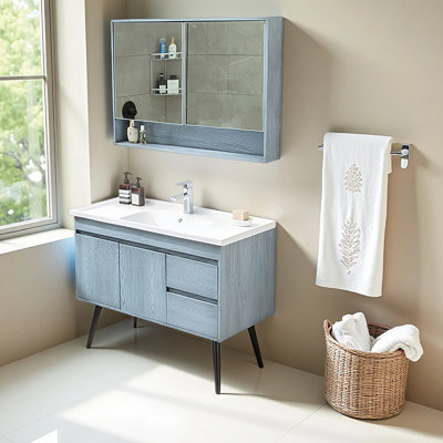 Meuble-lavabo en bois massif de style américain avec lavabo en céramique et miroir