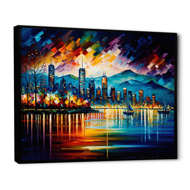 «Vancouver Skyline at Sunset I», reproduction sur toile, L 32 po x H 24 po, Toile avec cadre flottant noir