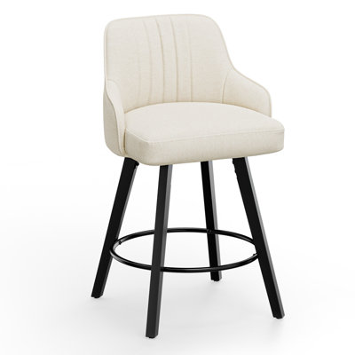 Set Of 2 Thick Padded Cushion Wood Legs Modern Bar Stool With 360° Rotation Grey