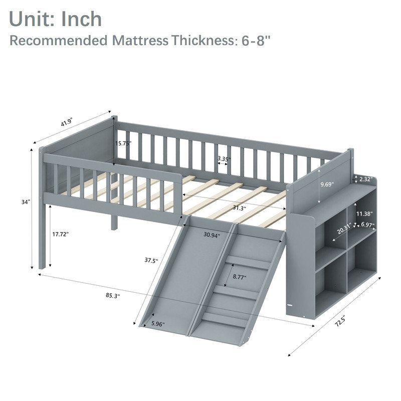Kids Twin Bed, Kids Loft Bed with Slide, Gray
