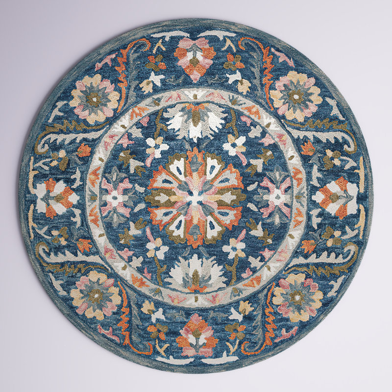 Oriental Hand Tufted Wool/Cotton Area Rug in Green/Blue/Orange/Yellow/Pink/Ivory, Round 5'