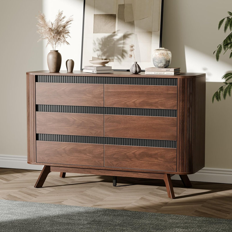 47.2" Wide Double Dresser with 6 Drawers, Modern Wide Storage Chest for Bedroom, Walnut