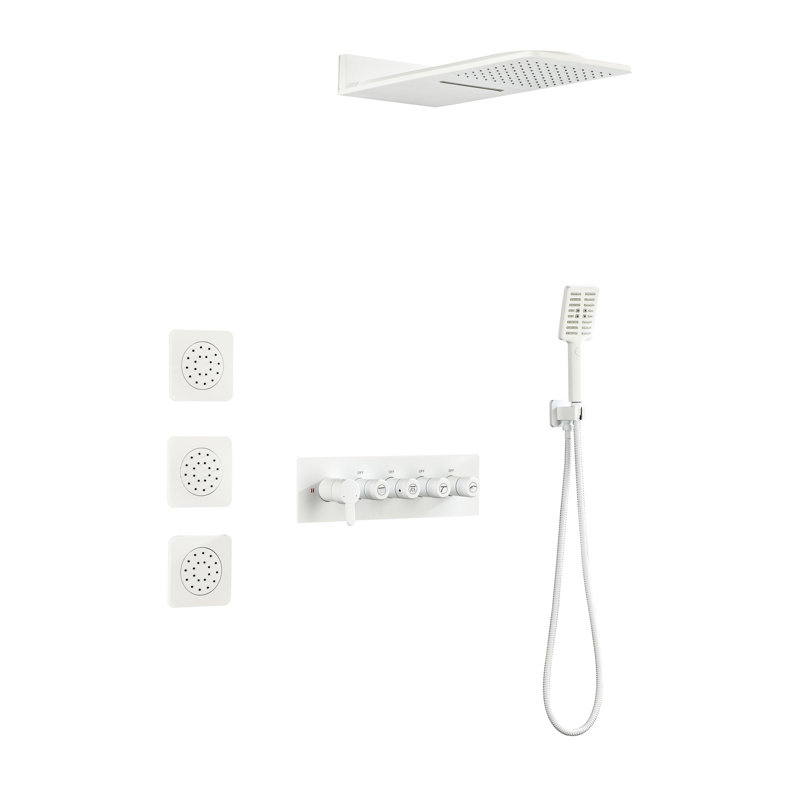 Douche murale en laiton blanc - 3 jets pour le corps et une expérience de pluie à la main