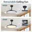 Ventilateurs de plafond rétractables avec lumières, ventilateur de plafond de 42 pouces avec lumière et télécommande, plafonnier encastré, réversible à courant continu, 3CCT, à faible bruit, ventilateur de plafond blanc pour chambre à coucher, salon, cuisine, intérieur