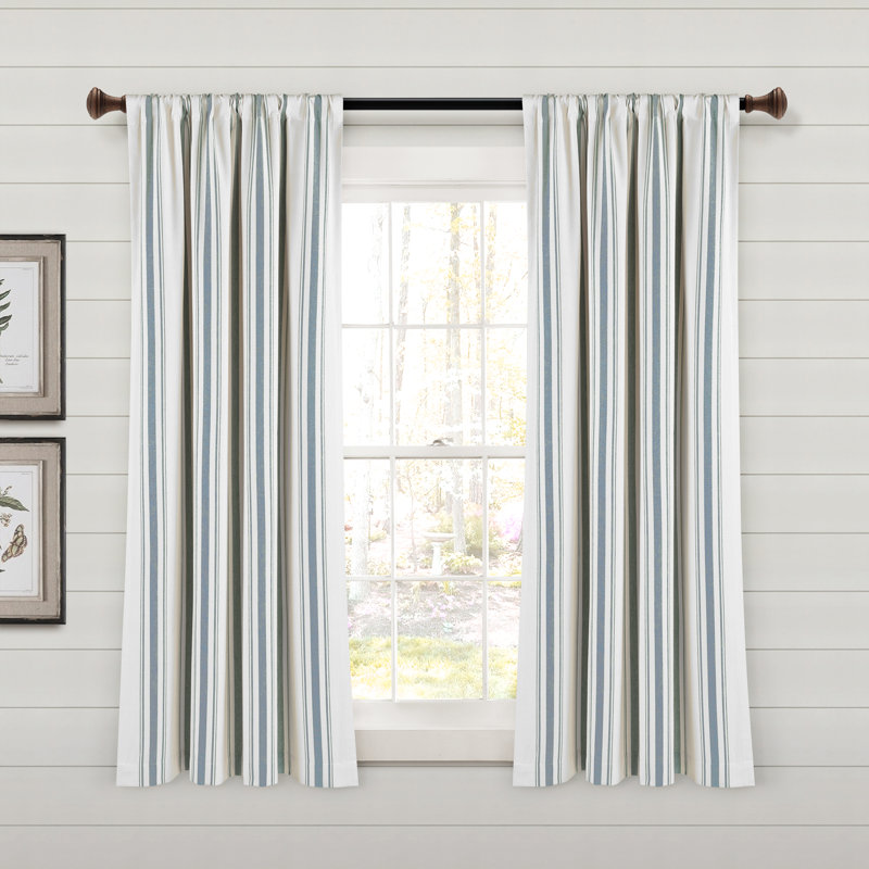 Blue and White Cotton Blend Striped Rod Pocket Window Panels