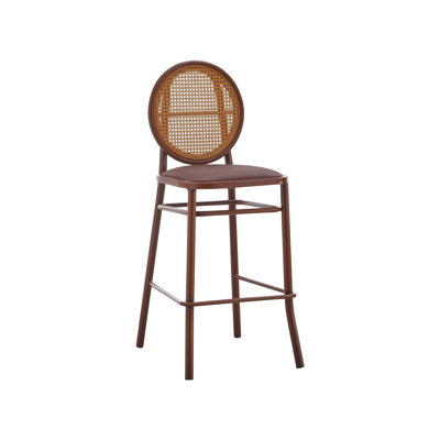 Tabouret de bar d'intérieur en métal avec dossier en polyester tissé et assise rembourrée en vinyle acajou