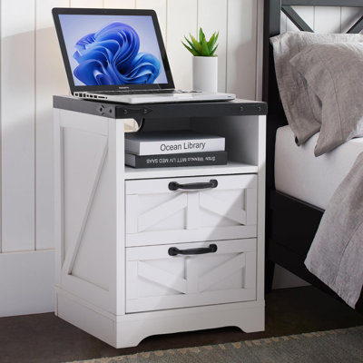 White Modern Farmhouse Bedside Table Nightstand with 2 Drawers, Engineered Wood Side Table with USB Charging Ports for Bedroom