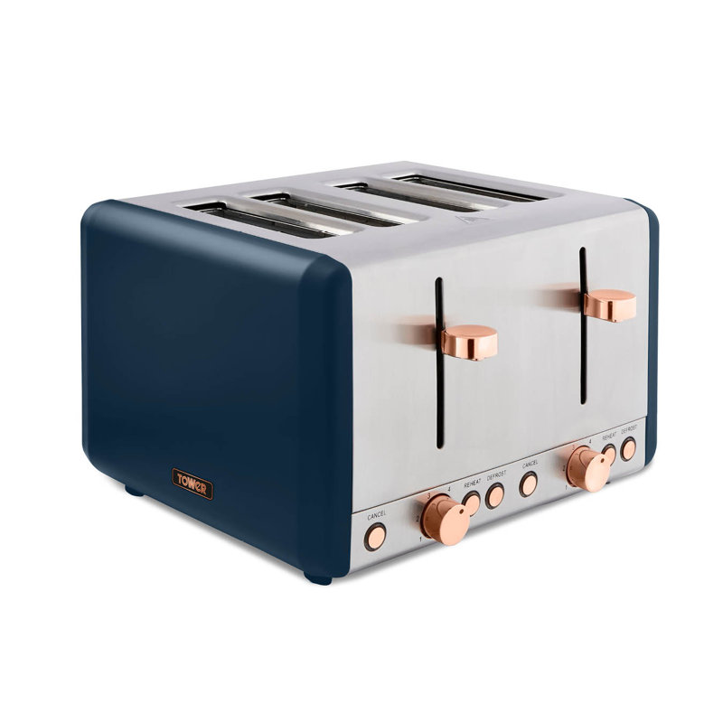 Tower Cavaletto 4-Slice Toaster with Defrost/Reheat, Stainless Steel, 1800 W, Midnight Blue