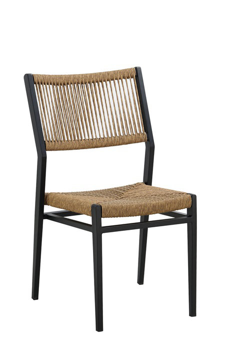 Chaise de patio en aluminium noir avec assise en corde térylène naturel brun clair et dossier ouvert