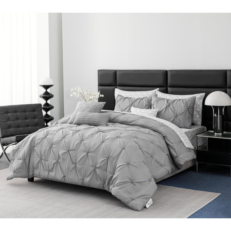 Lit dans un sac 8 pièces / 10 pièces Pintuck, Édredon pour lit double et 9 pièces additionnell, Gris