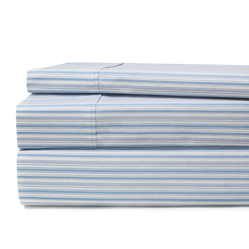 Ensemble de draps en percale 100% coton 200 fils Beford Lane, Bleu, Ensemble de draps pour lit double + un drap-housse