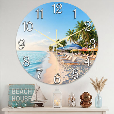 Landscape & Nature Tropical Beach Scene With Palm Trees And Umbrellas Ultra Clear Glass Wall Clock