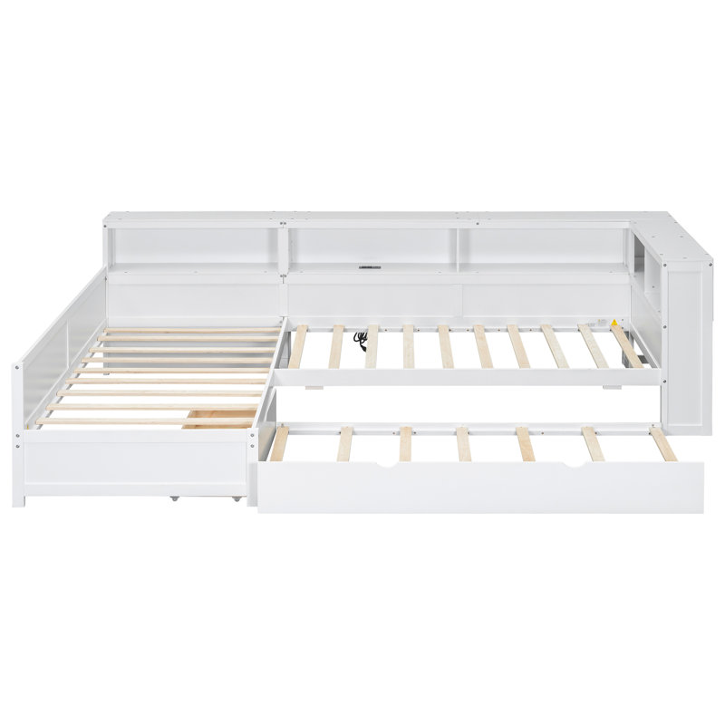 Twin Size L-Shaped Wood Platform Bed with Trundle & Storage Drawer, White