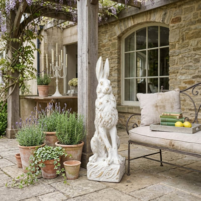Figurine de lapin 29,9 "en magnésium blanc antique, base piédestal